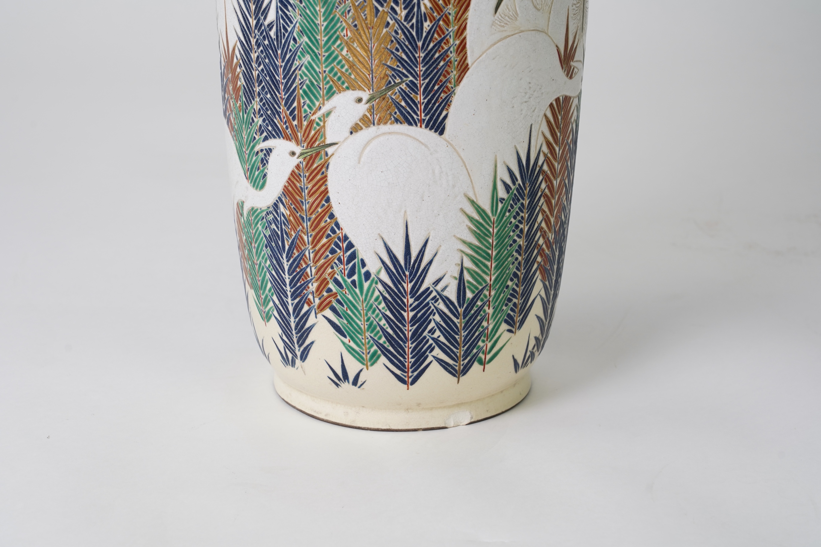 An exhibition size Japanese Satsuma ‘egrets’ vase, Meiji period, signed Tansai